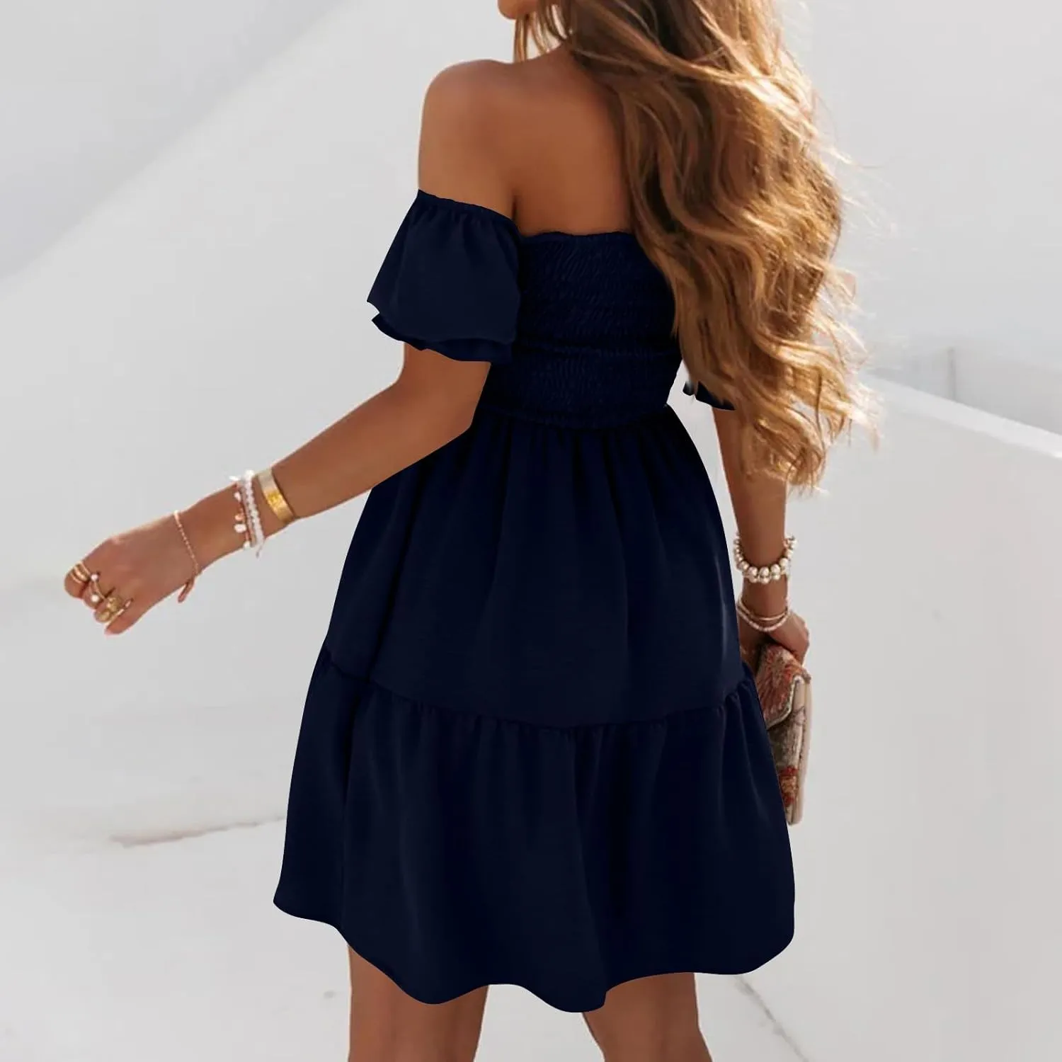 Summer Dresses for Women 2024 Midi Off Shoulder Puff Sleeve Dress Pleated Ruffle Elegant Dress Trendy Casual Sundress
