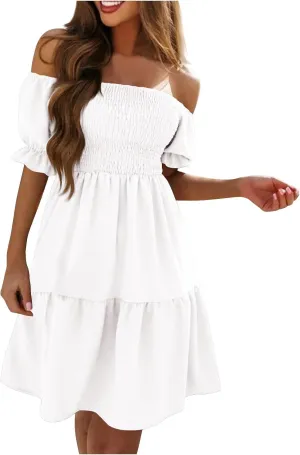 Summer Dresses for Women 2024 Midi Off Shoulder Puff Sleeve Dress Pleated Ruffle Elegant Dress Trendy Casual Sundress