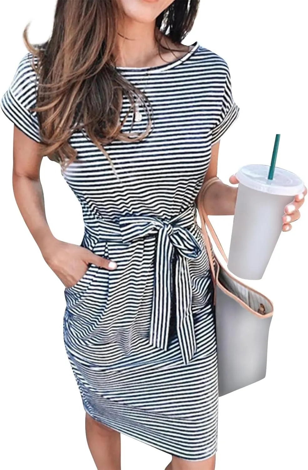 Summer Dresses for Women 2025 Casual Short Sleeve T Shirt Dress Tie Waist Belted Striped Midi Dress with Pockets