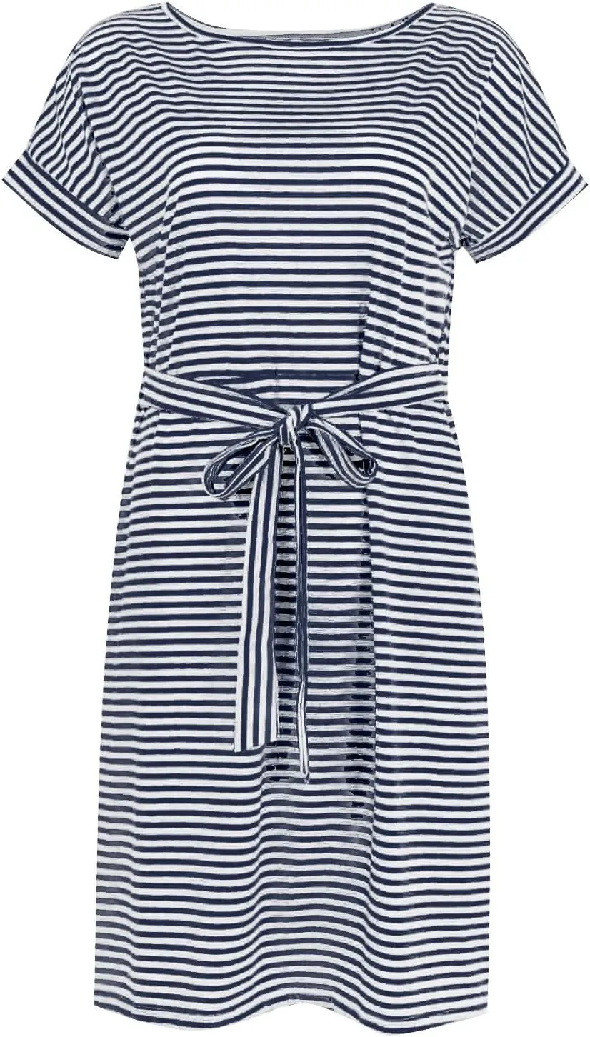 Summer Dresses for Women 2025 Casual Short Sleeve T Shirt Dress Tie Waist Belted Striped Midi Dress with Pockets