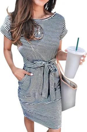 Summer Dresses for Women 2025 Casual Short Sleeve T Shirt Dress Tie Waist Belted Striped Midi Dress with Pockets
