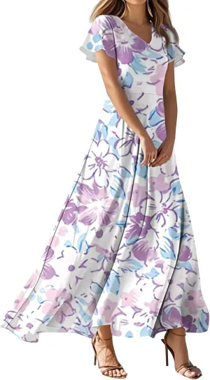 Summer Dresses for Women 2025 Elegant Classy Flowy Ruffle Swing V Neck Church Dress Casual Vacation Long Sundresses