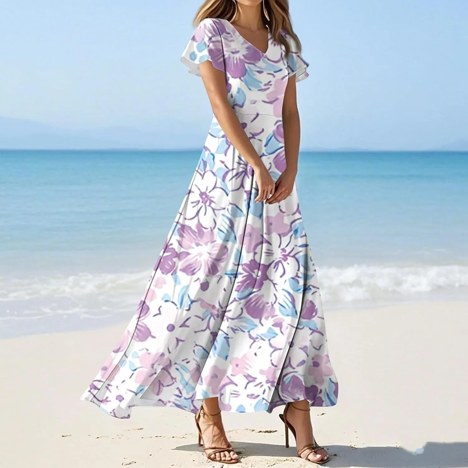 Summer Dresses for Women 2025 Elegant Classy Flowy Ruffle Swing V Neck Church Dress Casual Vacation Long Sundresses