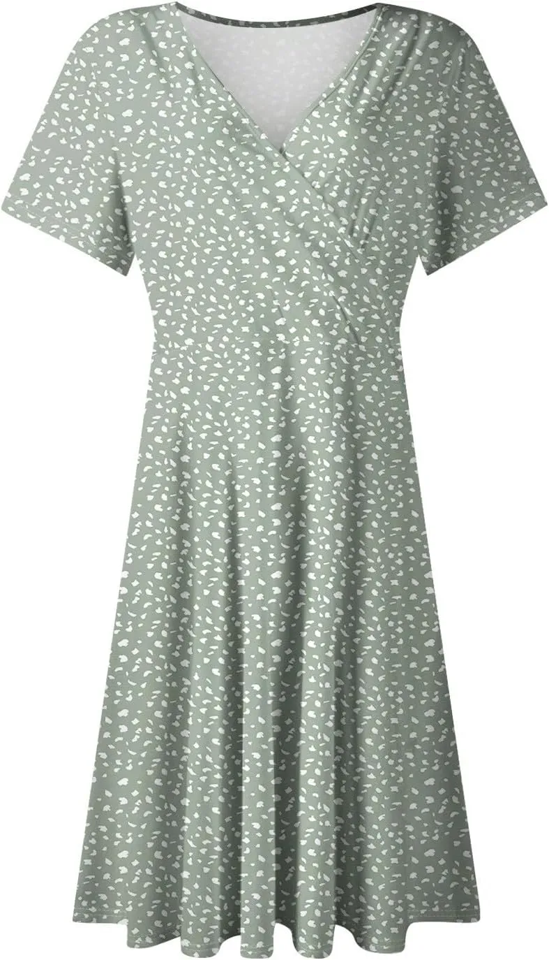 Summer Dresses for Women 2025 Midi Floral Print Classy Deep V Neck Fashion Short Sleeve Knee Length Dress