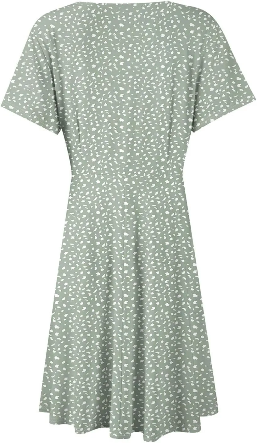 Summer Dresses for Women 2025 Midi Floral Print Classy Deep V Neck Fashion Short Sleeve Knee Length Dress