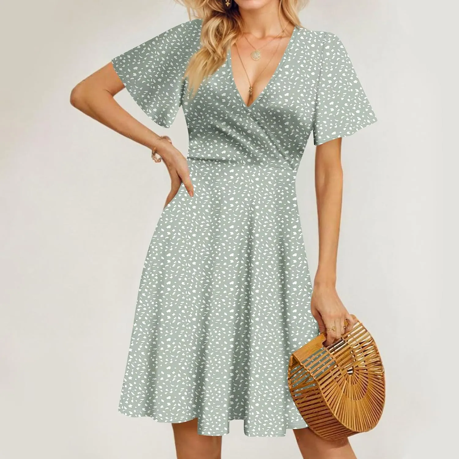Summer Dresses for Women 2025 Midi Floral Print Classy Deep V Neck Fashion Short Sleeve Knee Length Dress