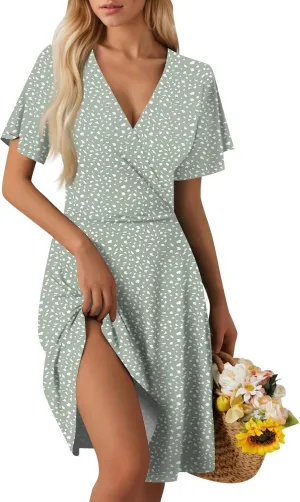Summer Dresses for Women 2025 Midi Floral Print Classy Deep V Neck Fashion Short Sleeve Knee Length Dress