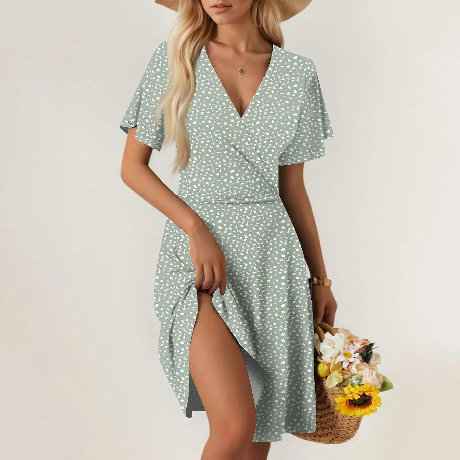 Summer Dresses for Women 2025 Midi Floral Print Classy Deep V Neck Fashion Short Sleeve Knee Length Dress