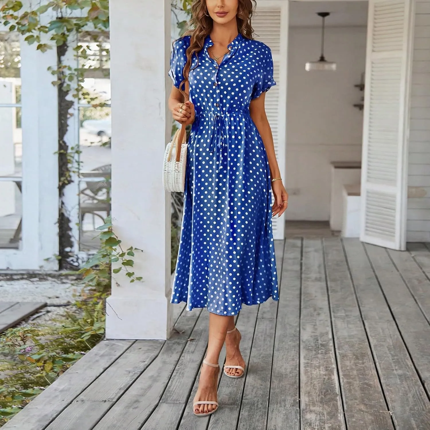 Summer Midi Dresses for Women 2025 Polka Dot Trendy Button Down V Neck Short Sleeve Tie Empire Waist A Line Dresses Frocks
