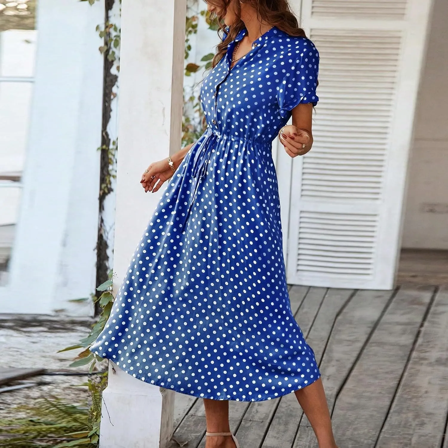 Summer Midi Dresses for Women 2025 Polka Dot Trendy Button Down V Neck Short Sleeve Tie Empire Waist A Line Dresses Frocks