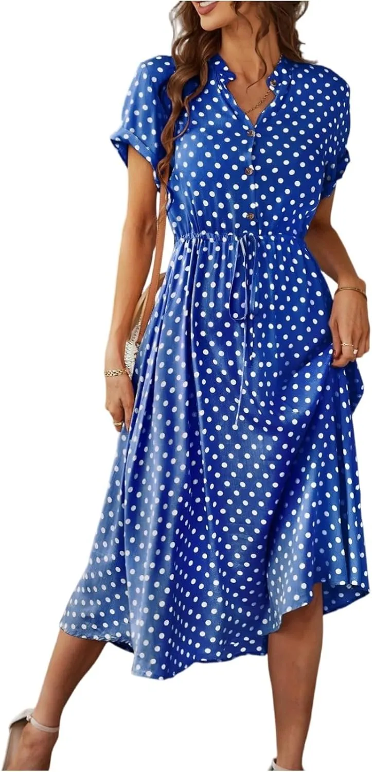 Summer Midi Dresses for Women 2025 Polka Dot Trendy Button Down V Neck Short Sleeve Tie Empire Waist A Line Dresses Frocks