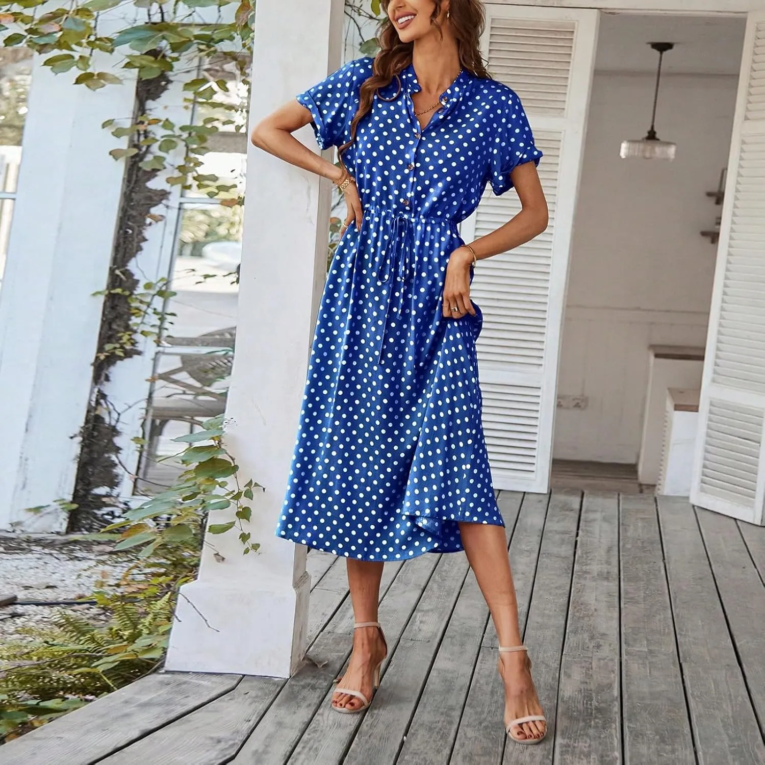 Summer Midi Dresses for Women 2025 Polka Dot Trendy Button Down V Neck Short Sleeve Tie Empire Waist A Line Dresses Frocks