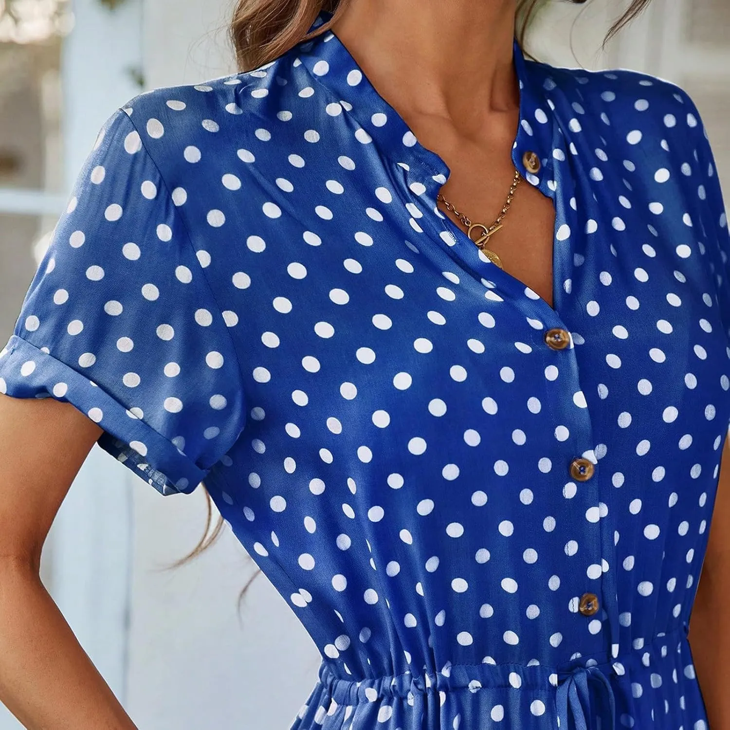 Summer Midi Dresses for Women 2025 Polka Dot Trendy Button Down V Neck Short Sleeve Tie Empire Waist A Line Dresses Frocks