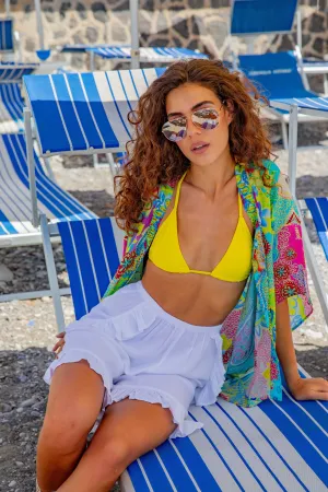 Turquoise Printed Silk Kimono Top