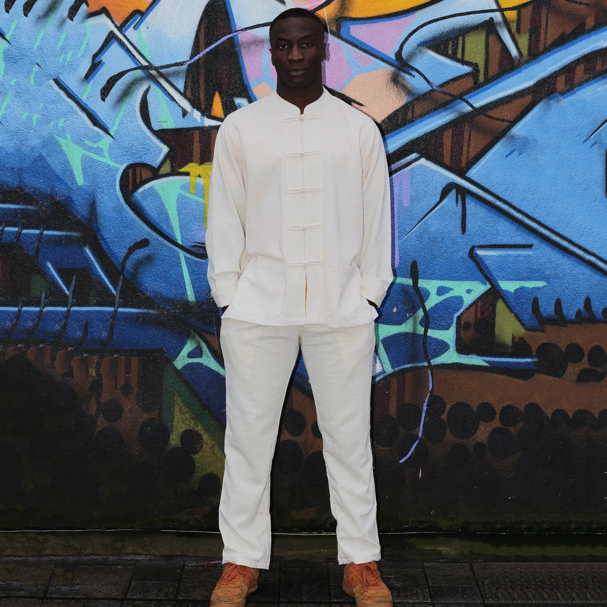 Unisex Fairtrade Ribbed Cotton Mandarin Jacket / Shirt Beige