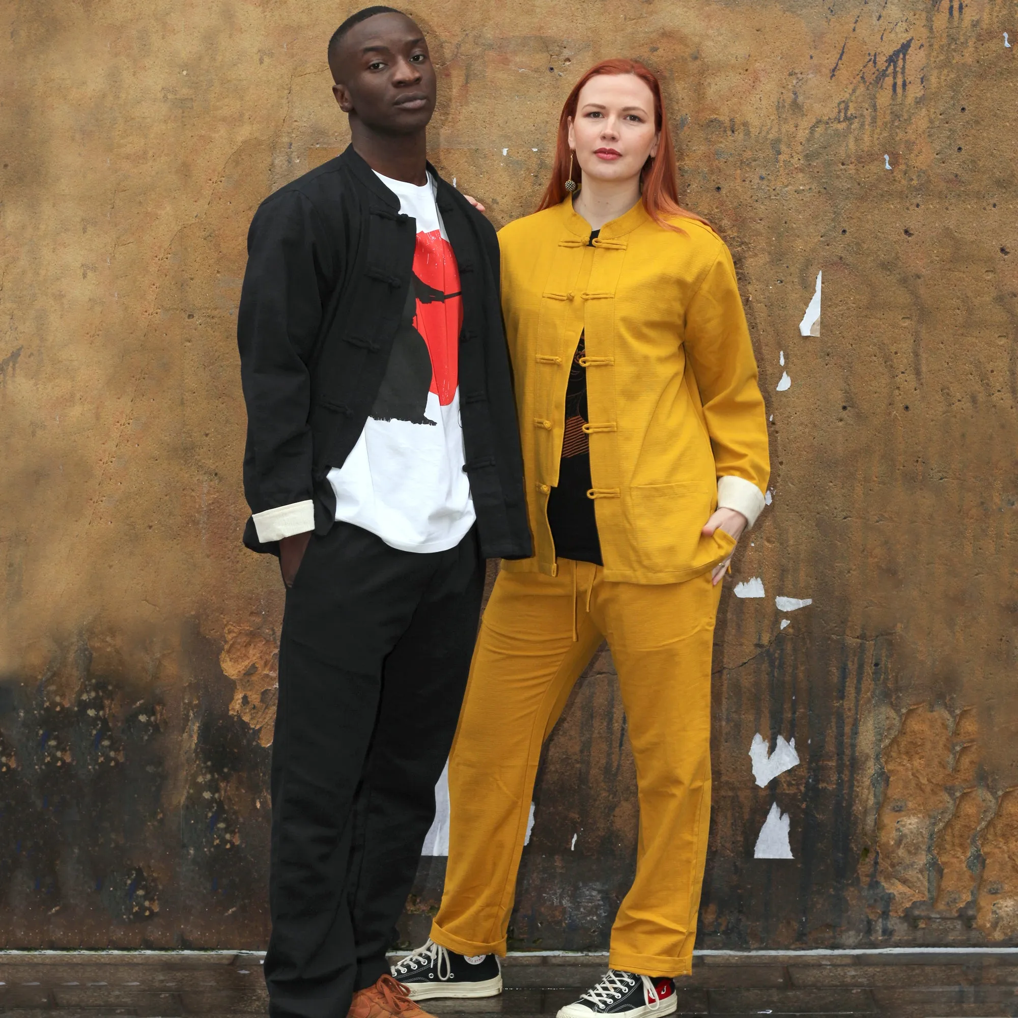 Unisex Fairtrade Ribbed Cotton Mandarin Jacket / Shirt Black