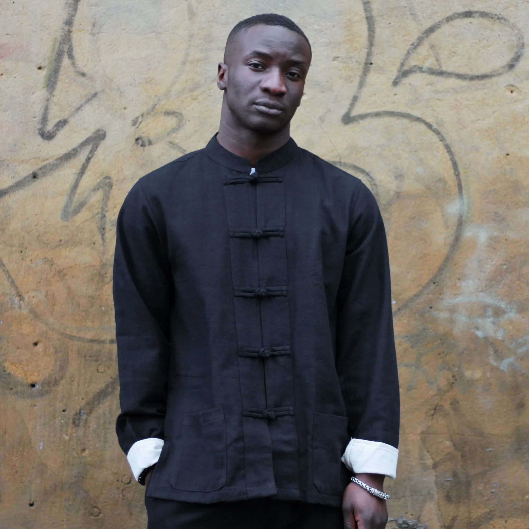 Unisex Fairtrade Ribbed Cotton Mandarin Jacket / Shirt Black