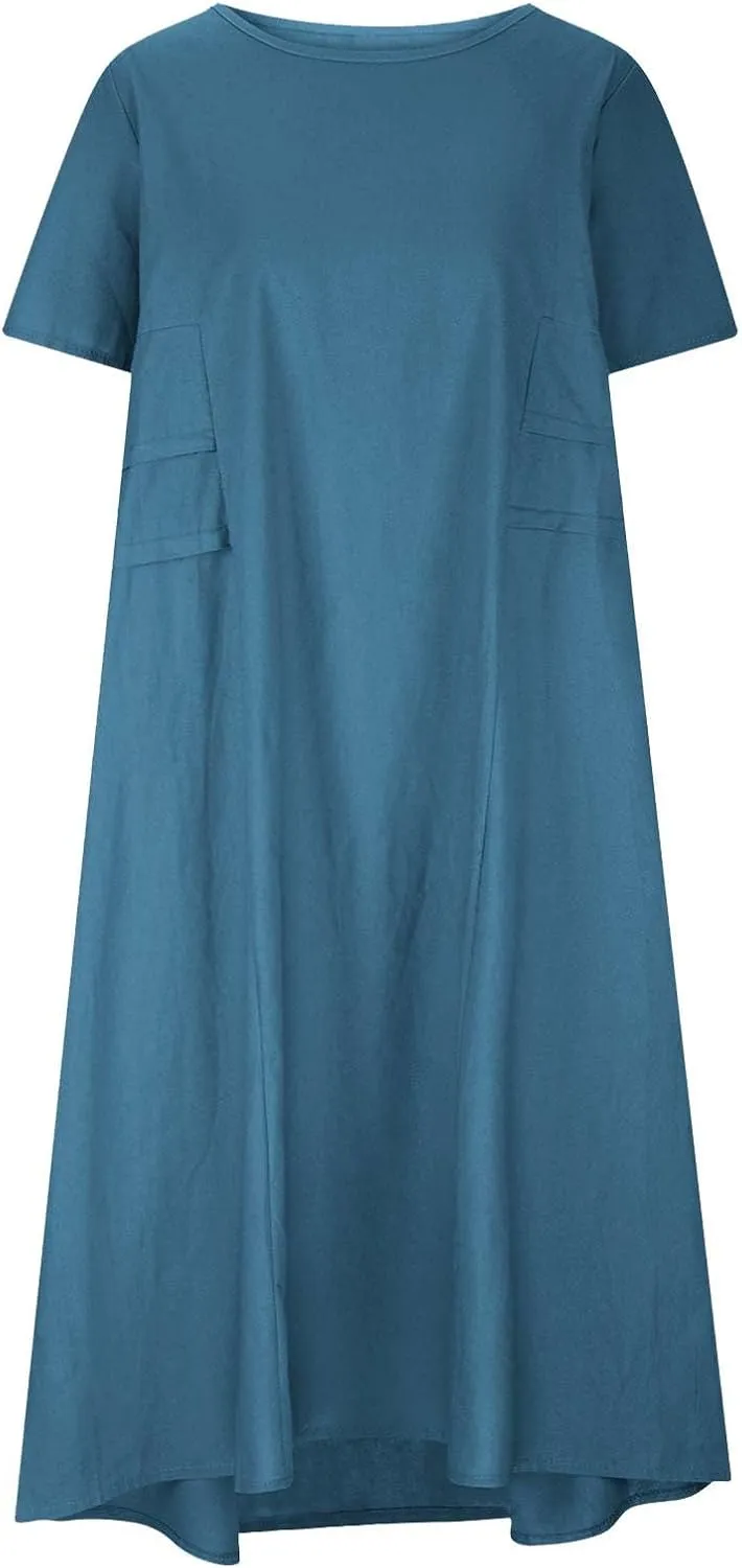Vacation Dresses for Women 2024 Summer Plus Size Short Sleeve Midi Dress Loose Comfy Cotton Linen Flowy Beach Dress