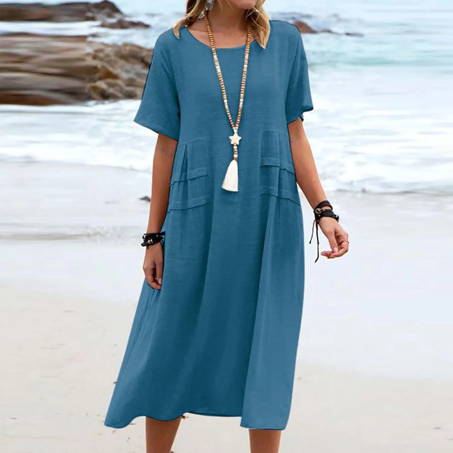 Vacation Dresses for Women 2024 Summer Plus Size Short Sleeve Midi Dress Loose Comfy Cotton Linen Flowy Beach Dress