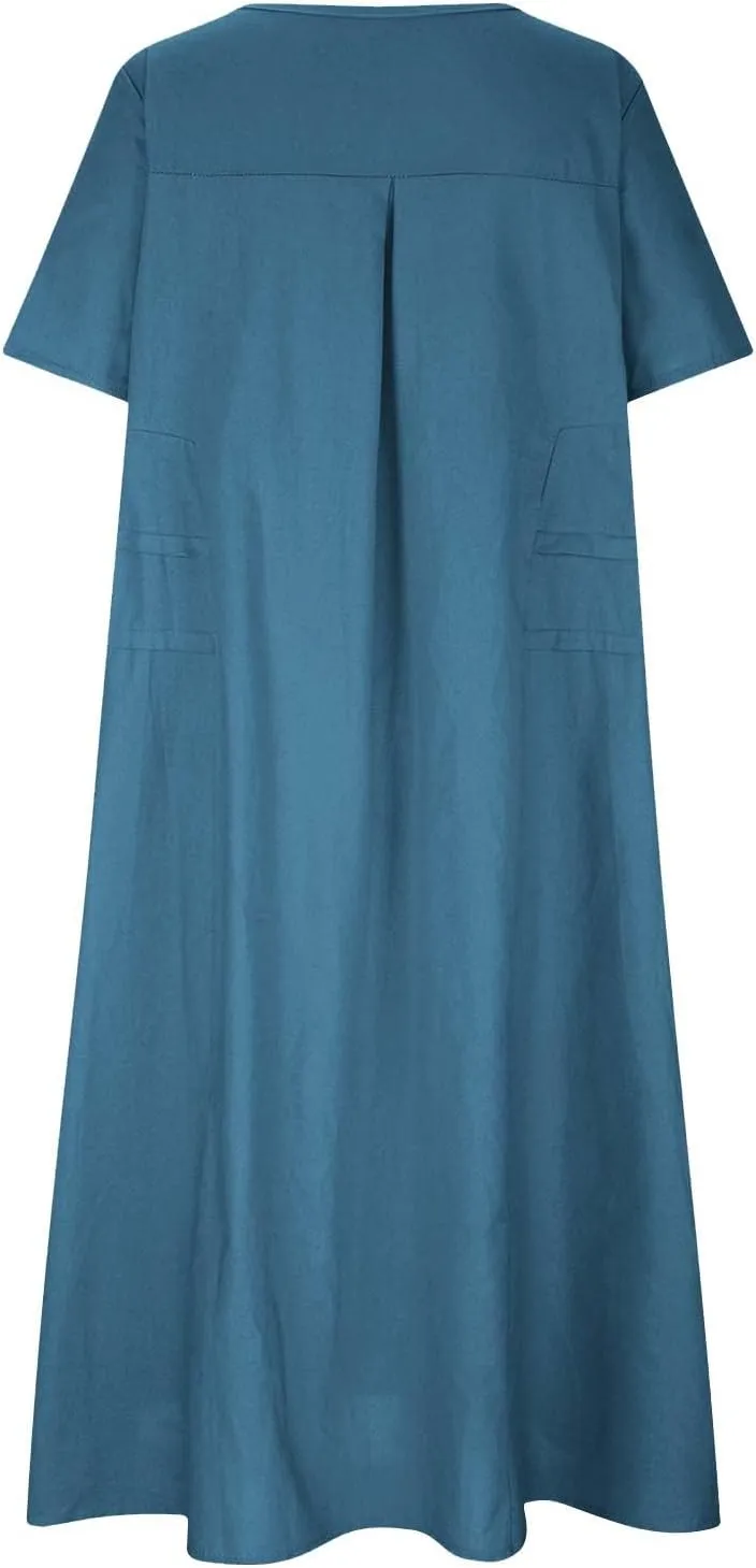 Vacation Dresses for Women 2024 Summer Plus Size Short Sleeve Midi Dress Loose Comfy Cotton Linen Flowy Beach Dress