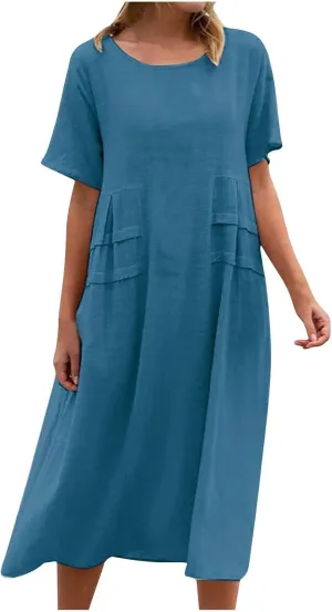 Vacation Dresses for Women 2024 Summer Plus Size Short Sleeve Midi Dress Loose Comfy Cotton Linen Flowy Beach Dress