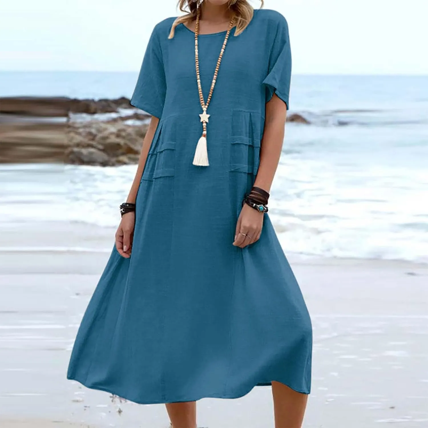Vacation Dresses for Women 2024 Summer Plus Size Short Sleeve Midi Dress Loose Comfy Cotton Linen Flowy Beach Dress