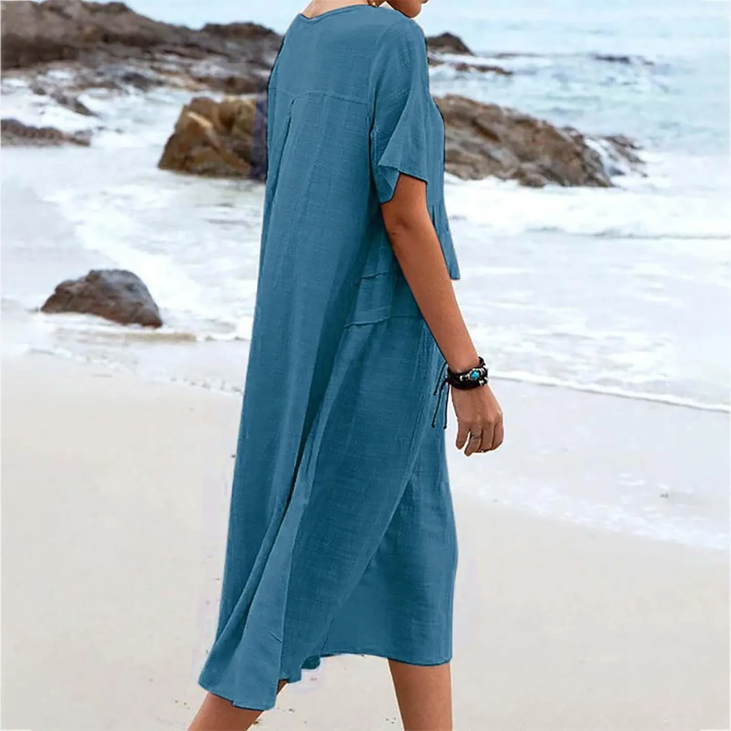 Vacation Dresses for Women 2024 Summer Plus Size Short Sleeve Midi Dress Loose Comfy Cotton Linen Flowy Beach Dress