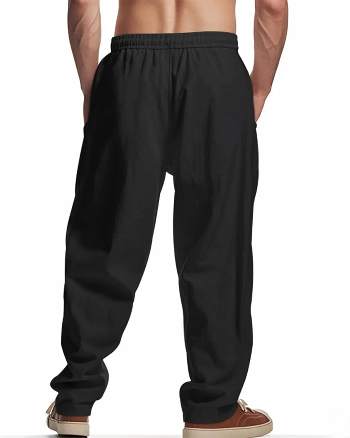 Wide Leg Linen Pants Men Summer Casual Elastic Waist Trousers with Pockets Relaxed Fit Beach Yoga Print Lounge Pants