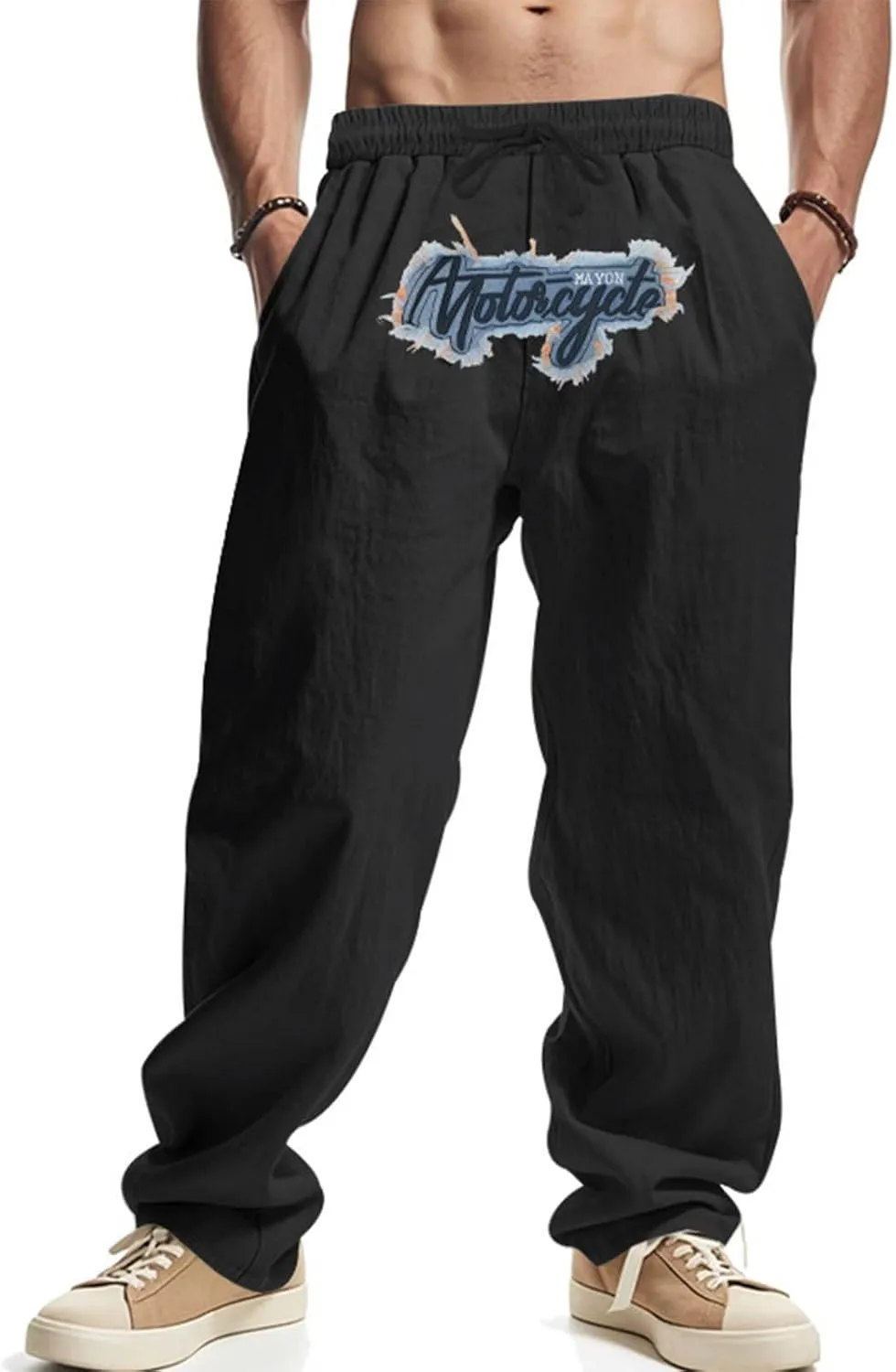 Wide Leg Linen Pants Men Summer Casual Elastic Waist Trousers with Pockets Relaxed Fit Beach Yoga Print Lounge Pants