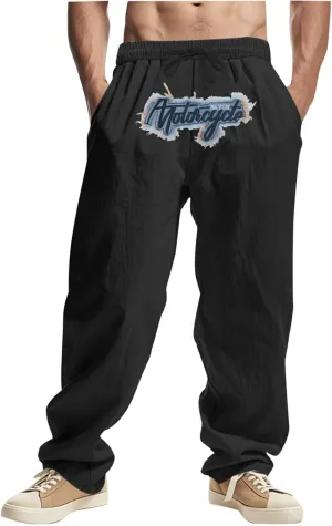 Wide Leg Linen Pants Men Summer Casual Elastic Waist Trousers with Pockets Relaxed Fit Beach Yoga Print Lounge Pants