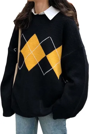 Women Argyle Plaid Oversized Sweater Dark Academia Clothing Y2k Vintage Aesthetic Pullover Top Harajuku Preppy Clothes