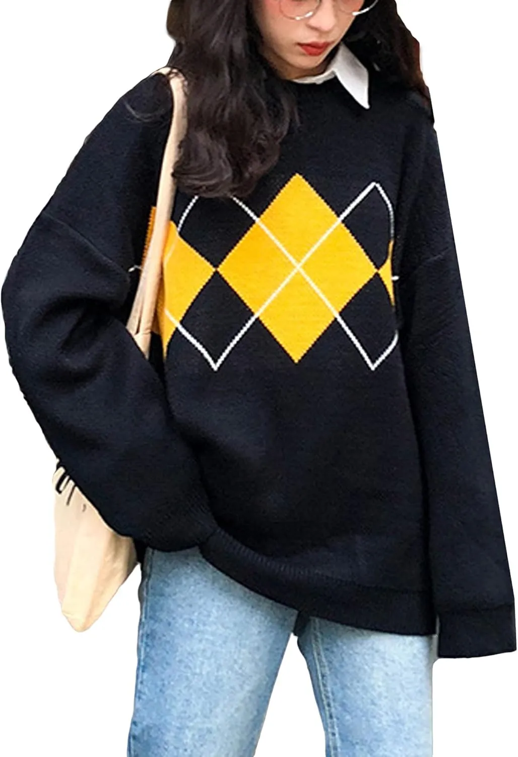 Women Argyle Plaid Oversized Sweater Dark Academia Clothing Y2k Vintage Aesthetic Pullover Top Harajuku Preppy Clothes