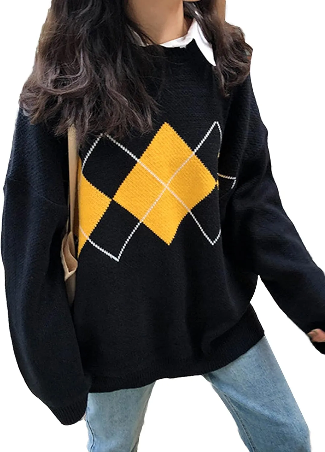 Women Argyle Plaid Oversized Sweater Dark Academia Clothing Y2k Vintage Aesthetic Pullover Top Harajuku Preppy Clothes