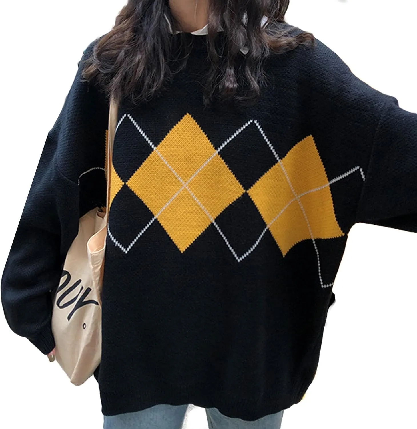 Women Argyle Plaid Oversized Sweater Dark Academia Clothing Y2k Vintage Aesthetic Pullover Top Harajuku Preppy Clothes