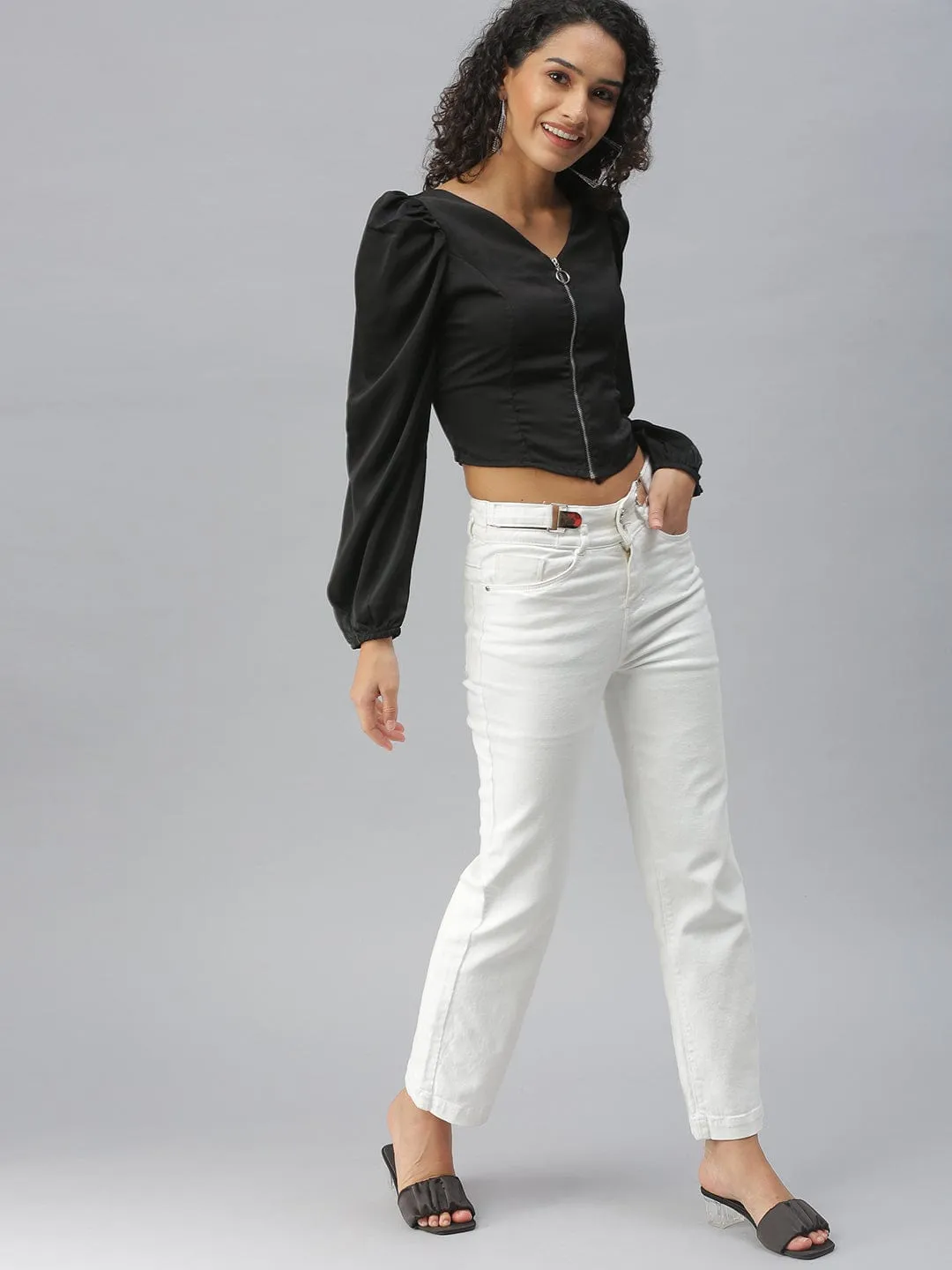 Women Black Solid Crop Top