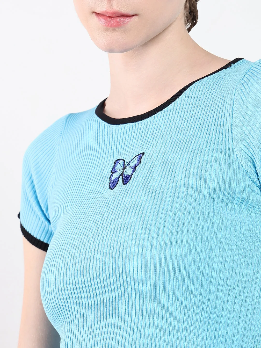Women Blue Self Design Round Neck Top