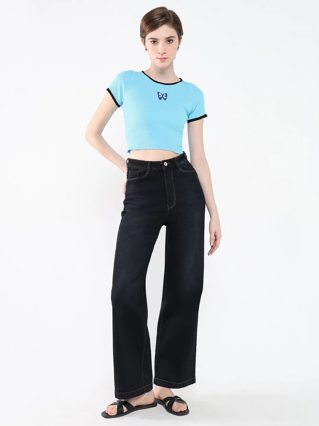 Women Blue Self Design Round Neck Top