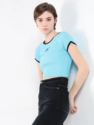 Women Blue Self Design Round Neck Top