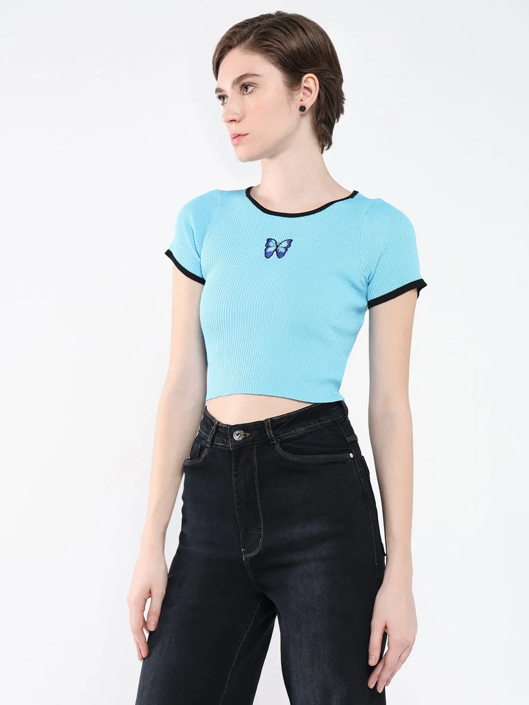 Women Blue Self Design Round Neck Top