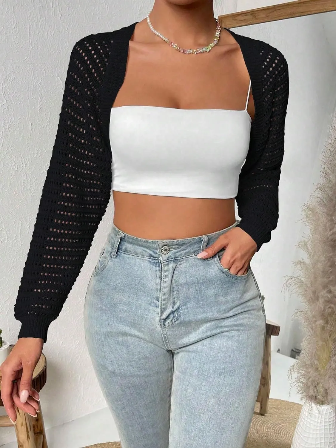 Women Y2K Crochet Shrug Sweater Crop Cardigans Drop Shoulder Knit Bolero Sweater
