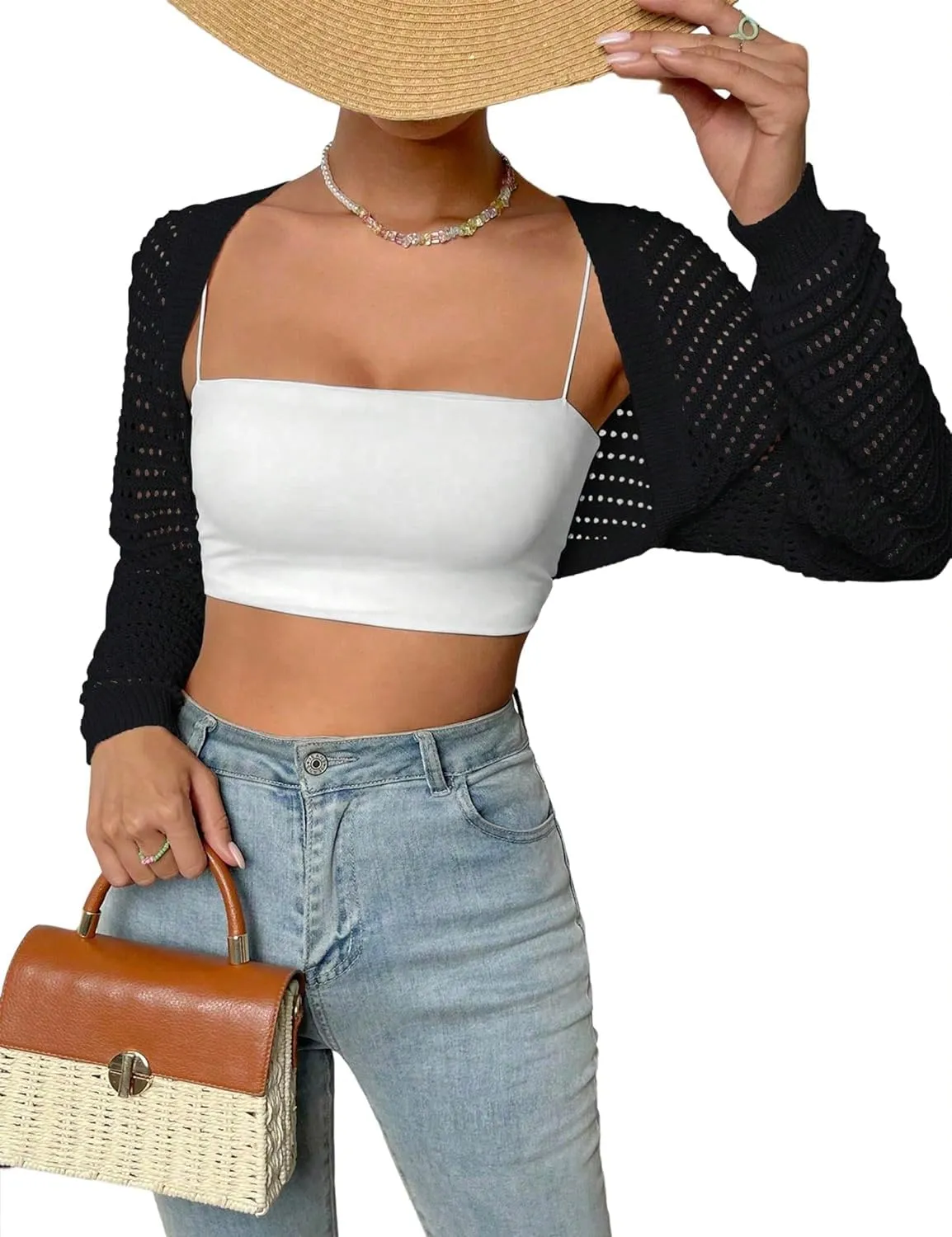 Women Y2K Crochet Shrug Sweater Crop Cardigans Drop Shoulder Knit Bolero Sweater
