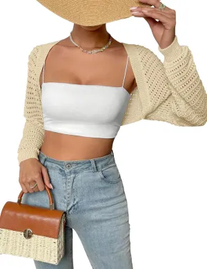 Women Y2K Crochet Shrug Sweater Crop Cardigans Drop Shoulder Knit Bolero Sweater