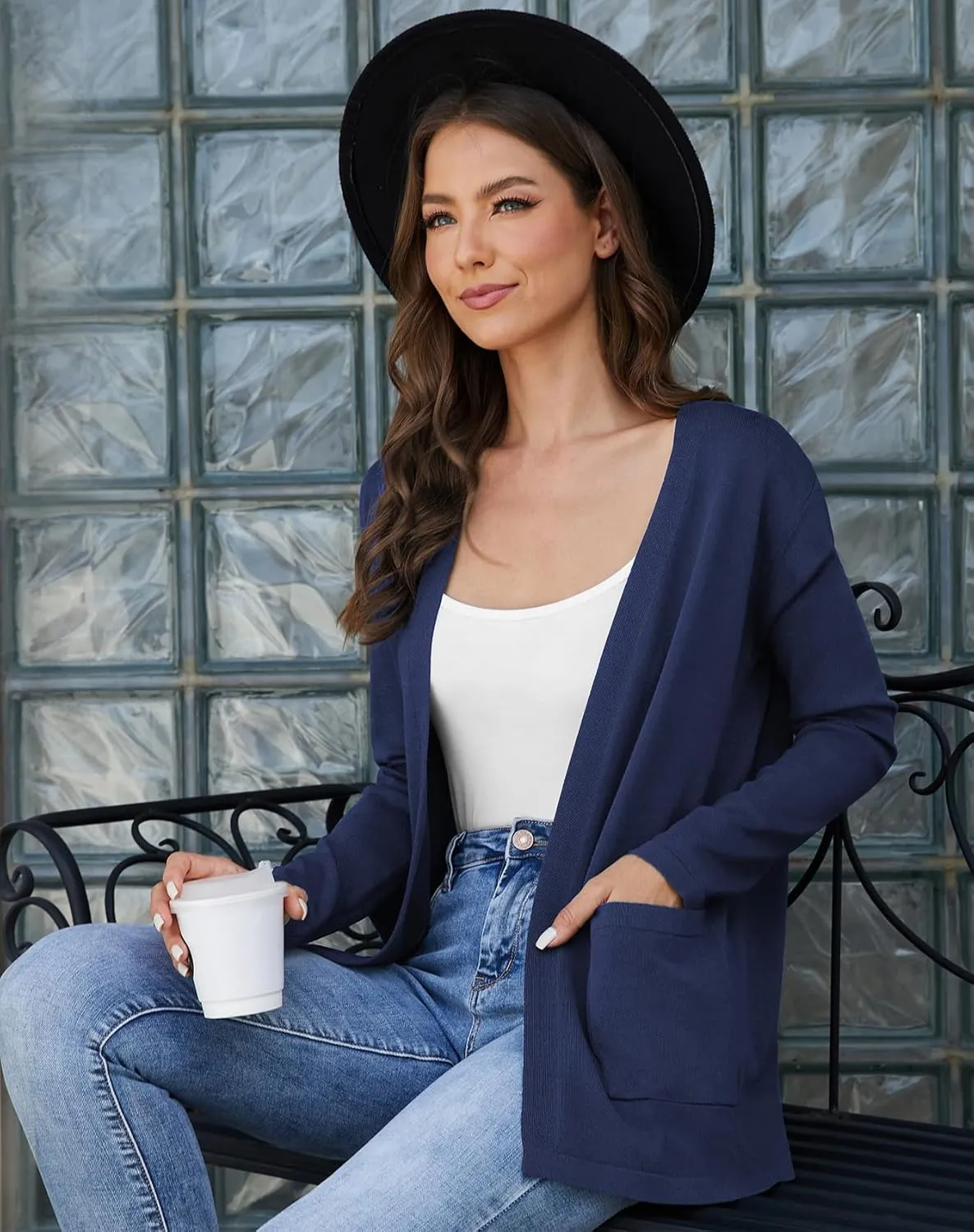 Womens 2024 Opening Cardigan Sweater Lightweight Cardigan Sweater Coat with Pocket Office Coat