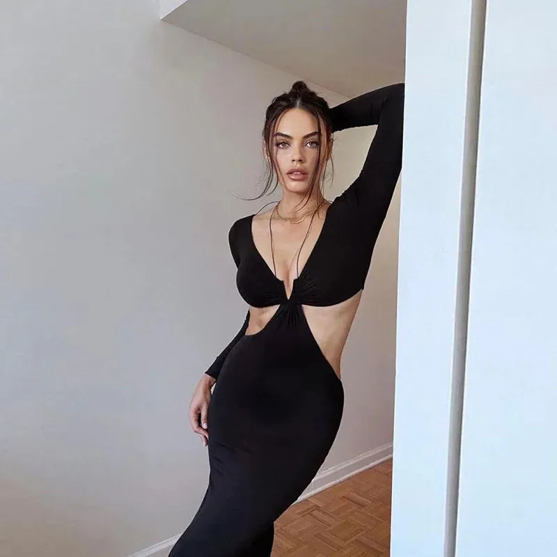 Women's Black Autumn Long Sleeve V-neck Female Casual Party Club Y2k Vestidos Traf Midi Dresses