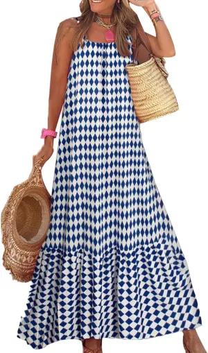 Womens Boho Tank Dress Spaghetti Strap Sleeveless Scoop Neck Maxi Dresses Summe Floral A Line Smocked Ruffle Dress