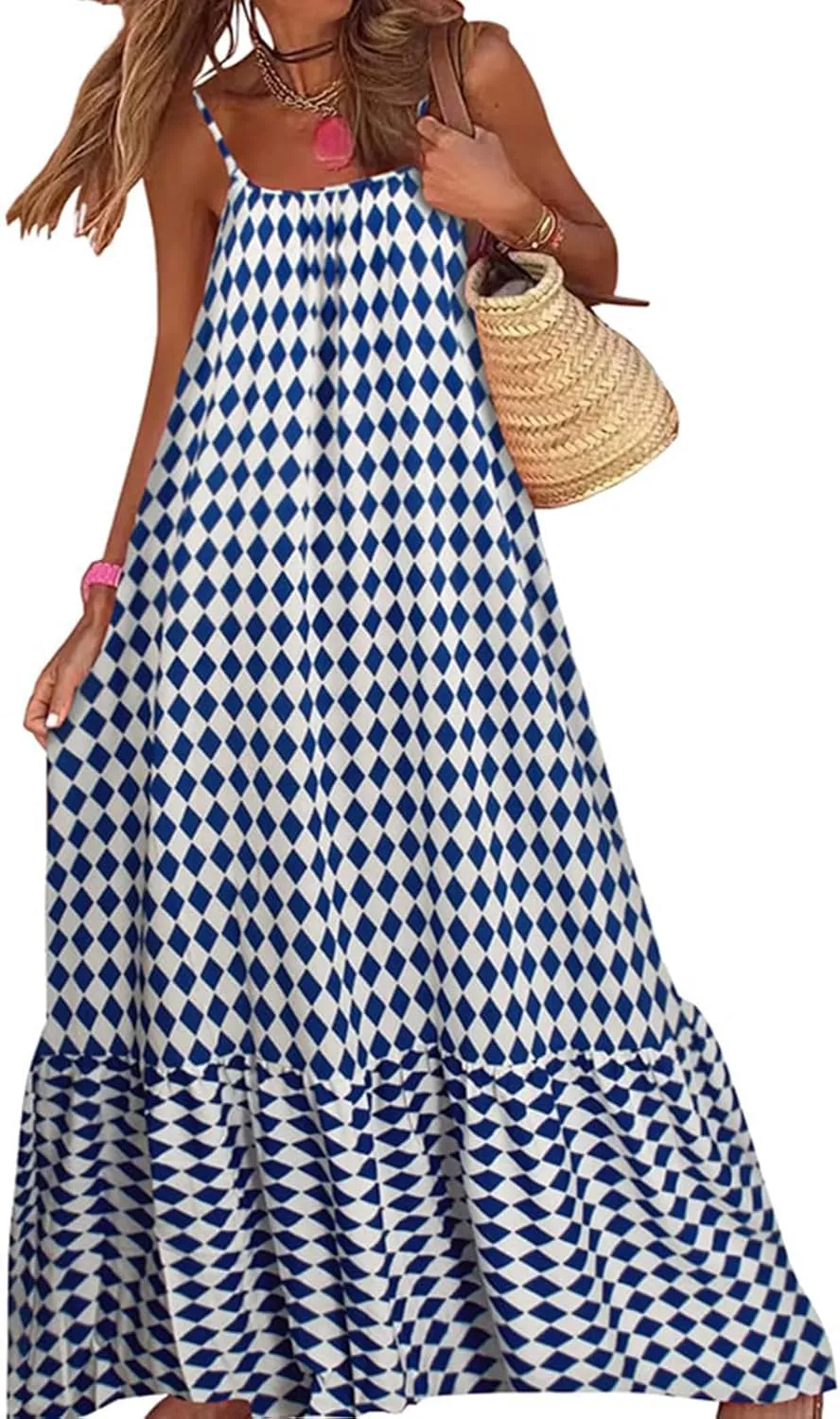Womens Boho Tank Dress Spaghetti Strap Sleeveless Scoop Neck Maxi Dresses Summe Floral A Line Smocked Ruffle Dress