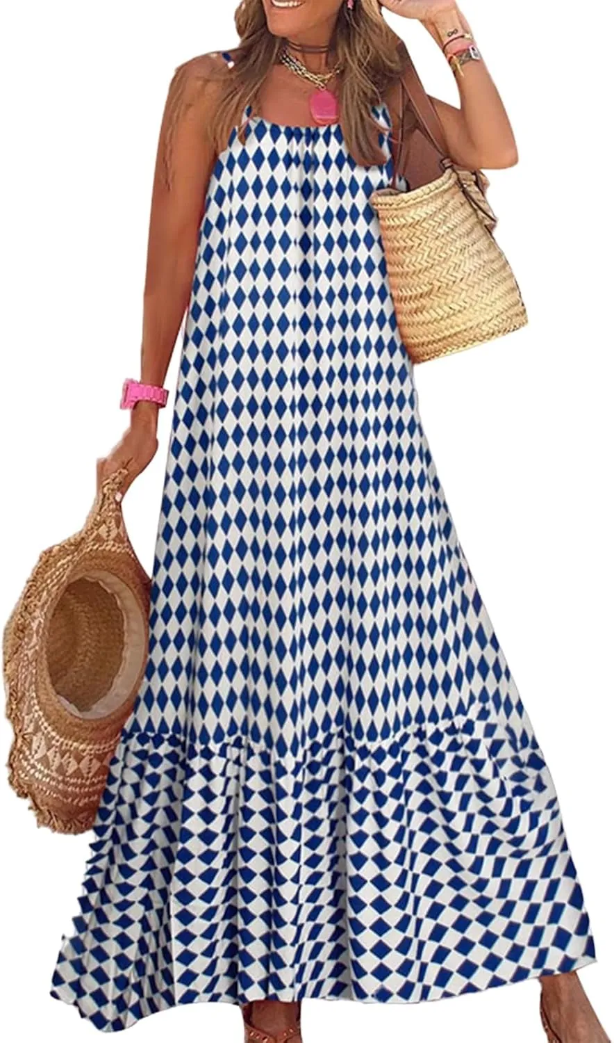Womens Boho Tank Dress Spaghetti Strap Sleeveless Scoop Neck Maxi Dresses Summe Floral A Line Smocked Ruffle Dress