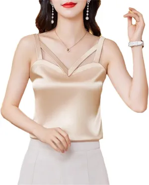 Women's Camisole Vest Spring Summer Silk Satin Tank Tops Sleeveless Hollow Out Shirt Top