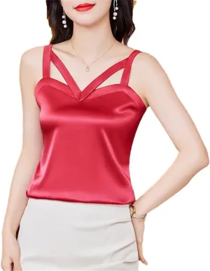 Women's Camisole Vest Spring Summer Silk Satin Tank Tops Sleeveless Hollow Out Shirt Top