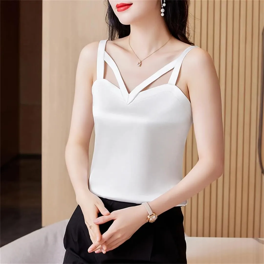Women's Camisole Vest Spring Summer Silk Satin Tank Tops Sleeveless Hollow Out Shirt Top